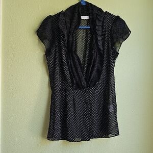 New York & Company Elegant, Black and White Polka Dot Sheer Blouse, Small